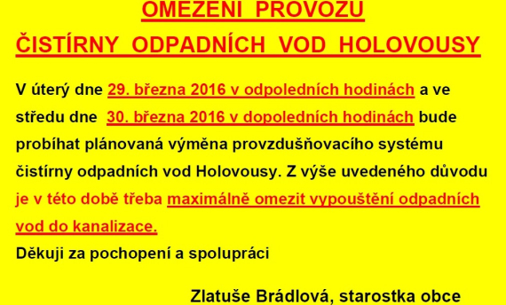 OMEZENÍ PROVOZU ČISTÍRNY ODPADNÍCH VOD HOLOVOUSY